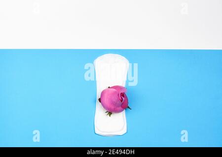 Feminine Hygiene Gesundheitskonzept. Menstruationsbeschwerden und Hygiene. Weiße Sanitär-Pad Rosenblüte auf hellem Hintergrund Stockfoto