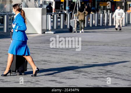 Amsterdam, Niederlande. Januar 2021. AMSTERDAM, NIEDERLANDE - JANUAR 22: Ein Flugbegleiter wird am 22. Januar 2021 in Amsterdam, Niederlande, an einem ruhigen internationalen Flughafen Schiphol gesehen. Die niederländische Regierung hat ab Freitag Mitternacht ein Flugverbot für alle ankommenden Flüge aus dem Vereinigten Königreich, Südafrika und Ländern in Südamerika ausgesprochen. (Foto von Niels Wenstedt/BSR Agency/Alamy Live News) Quelle: BSR Agency/Alamy Live News Stockfoto