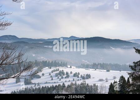 Winter neblige Landschaft der Beski Sadecki Bergkette in der Nähe von Krynica Zdroj, Polen Stockfoto