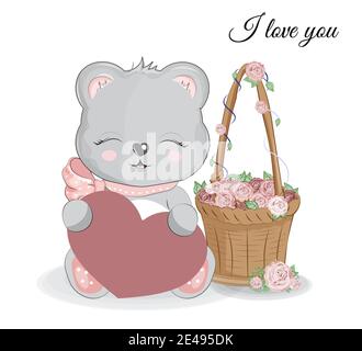 Valentinstag Karte niedlichen Korb mit Blumenrosen und Teddybär, Bild in der Hand Zeichnung Cartoon-Stil für Gruß. Postkarte Stock Vektor