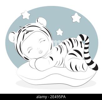 Malbuch Neugeborenen schlafenden Tiger Baby Plüsch Pyjama Schlafanzüge auf Pilow, Bild in der Hand Zeichnung Stil für Baby-Dusche. Grußkarte, Party invita Stock Vektor