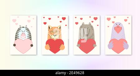 Niedlichen Cartoon Tier hält ein Herz Zeichen mit Kopierraum. Set valentinstag Grußkarte Banner Einladung Flyer Broschüre. Cartoon Hand gezeichnet Stil. Kleine Tiere Haustiere in der Liebe, Liebeserklärung. Stock Vektor