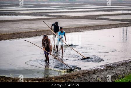 MUMBAI, INDIEN - 17. Dezember 2020 : Unidentifizierte Arbeiter in der Salzfarm und Scheune im Meer Stockfoto