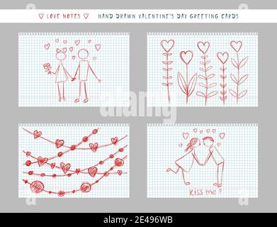 Handgeschriebene Liebesnotiz auf Notizblock Blatt. Hand gezeichnet naiv valentinstag Grußkarte. Horizontale Landschaft Banner Einladung Flyer Broschüre Karte Stock Vektor