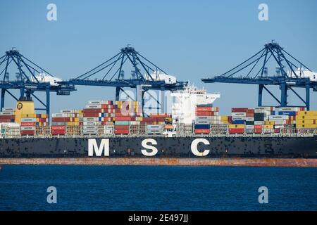 Felixstowe, Großbritannien. 22. Januar 2021. Ein Containerschiff am Kai im Hafen von Felixstowe, Suffolk. Der Containerverkehr hat seit dem Brexit erhebliche Störungen erlebt, da die Häfen überlastet sind und der Papierkram zu Verzögerungen und steigenden Kosten für Importe und Exporte führt. Bilddatum: Freitag, 22. Januar 2021. Bildnachweis sollte lauten: Matt Crossick/Empics/Alamy Live News Stockfoto