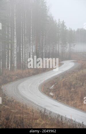 Unbefestigte Straße schlängelt sich durch neblige und nasse Herbstlandschaft Stockfoto