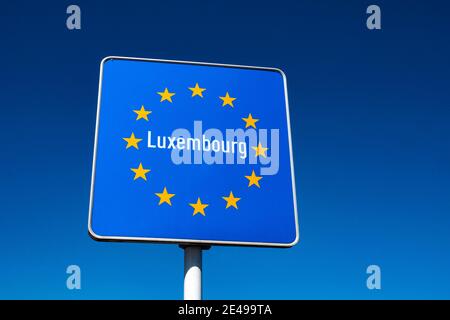 Luxemburg Grenzschild in Schengen, Großherzogtum Luxemburg Stockfoto