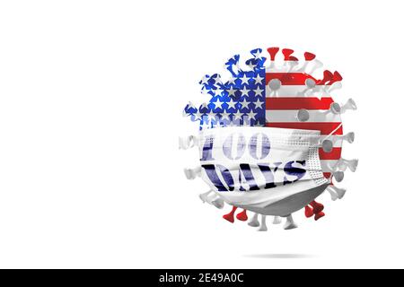 Modell des COVID-19 Coronavirus in nationalen USA Flagge in Gesichtsmaske mit Schildermasken für 100 Tage in Amerika gefärbt, Konzept der Pandemie Verbreitung, Medizin und Gesundheitswesen. Copyspace auf weißem Hintergrund. Stockfoto