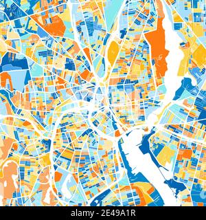 Farbkunstkarte von Providence, Rhode Island, UnitedStates in Blau und Orangen. Die Farbabstufungen in der Providence-Karte folgen einem zufälligen Muster. Stock Vektor