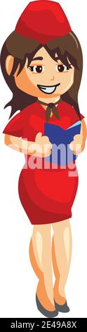 Fliegende Begleiter Luft Hostess Beruf Stewardess Holding Buch Cartoon Charakter Abbildung Stock Vektor