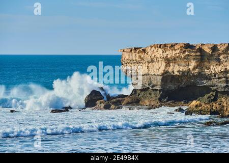 Mirador La Pared vom Strand Playa de la Pared in der Abendsonne, Fuerteventura, Kanarische Inseln, Spanien Stockfoto