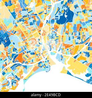 Farbkunstkarte von Bridgeport, Connecticut, UnitedStates in Blau und Orangen. Die Farbabstufungen in der Bridgeport-Karte folgen einem zufälligen Muster. Stock Vektor