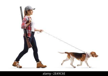 Ganzkörperschuss eines Weibchens mit Gewehr Ein Beagle Hund auf einer Blei isoliert auf weiß Hintergrund Stockfoto
