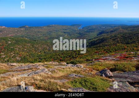 Spitze des Cadillac Peak mit Herbstlaub im Acadia National Park, Maine ME, USA. Stockfoto