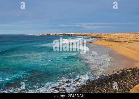 Playa del Castillo Strand bei Sonnenuntergang, Playa del Aljibe de la Cueva, Fuerteventura, Kanarische Inseln, Spanien Stockfoto