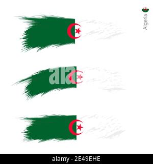 Set von 3 grunge texturierte Flagge von Algerien, drei Versionen der Nationalflagge in Pinselstrichen gemalten Stil. Vektorflaggen. Stock Vektor