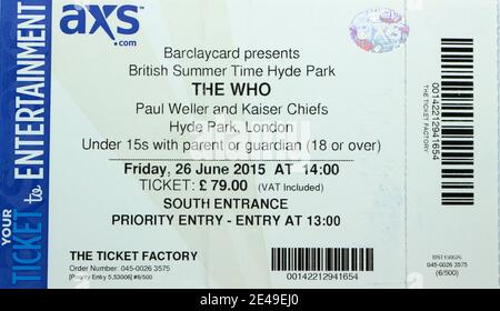 Eintrittskarte für The Who mit Paul Weller und den Kaiser Chiefs im Hyde Park Freitag, 26. Juni 2015 London England UK Stockfoto