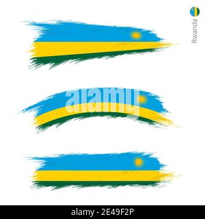 Set von 3 Grunge texturierte Flagge von Ruanda, drei Versionen der Nationalflagge in Pinselstrichen gemalten Stil. Vektorflaggen. Stock Vektor