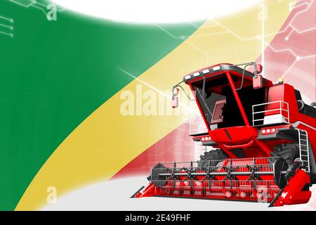Landwirtschaft Innovation Konzept, Red Advanced Farm Mähdrescher auf Kongo Flagge - digitale industrielle 3D-Illustration Stockfoto