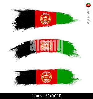 Set von 3 Grunge texturierte Flagge Afghanistans, drei Versionen der Nationalflagge in Pinselstrichen gemalten Stil. Vektorflaggen. Stock Vektor