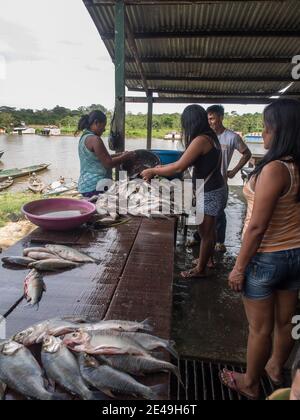 Iquitos, Peru - 21. September 2017: Typischer Basar in einem kleinen Dorf Caballococha am Ufer des Amazonas, Amazonien, Peru. Südamerika Stockfoto