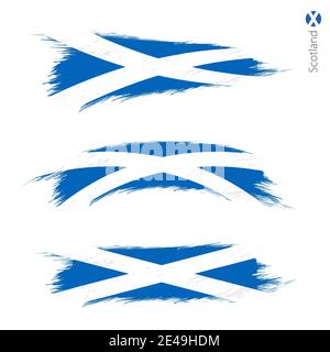 Set von 3 Grunge texturierte Flagge von Schottland, drei Versionen der Nationalflagge in Pinselstrichen gemalten Stil. Vektorflaggen. Stock Vektor