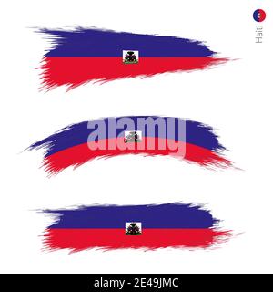 Set von 3 Grunge texturierte Flagge von Haiti, drei Versionen der Nationalflagge in Pinselstrichen gemalten Stil. Vektorflaggen. Stock Vektor