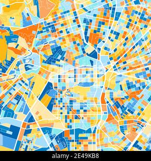 Farbkunstkarte von Curitiba, Brasilien, Brasilien in Blau und Orangen. Die Farbabstufungen in Curitiba-Karte folgen einem zufälligen Muster. Stock Vektor