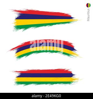 Set von 3 Grunge texturierte Flagge von Mauritius, drei Versionen der Nationalflagge in Pinselstrichen gemalten Stil. Vektorflaggen. Stock Vektor