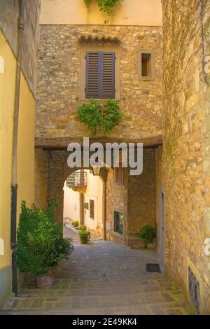 Ein steinerner Torbogen über eine ruhige Wohnstraße im historischen mittelalterlichen Dorf Montefioralle in der Nähe von Greve in Chianti in der Provinz Florenz, Toskana Stockfoto