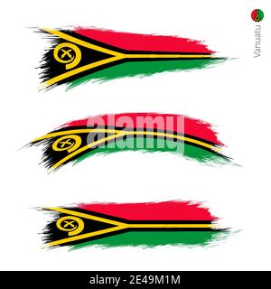 Set von 3 grunge texturierte Flagge von Vanuatu, drei Versionen der Nationalflagge in Pinselstrichen gemalten Stil. Vektorflaggen. Stock Vektor