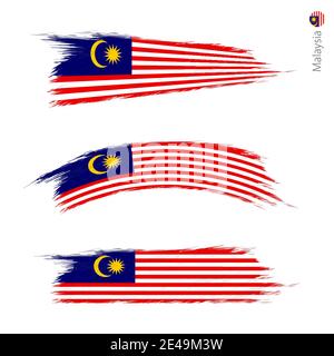 Set von 3 Grunge texturierte Flagge von Malaysia, drei Versionen der Nationalflagge in Pinselstrichen gemalten Stil. Vektorflaggen. Stock Vektor