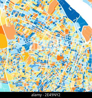 Farbkunstkarte von Barranquilla, Kolumbien, Kolumbien in Blau und Orangen. Die Farbabstufungen in der Barranquilla-Karte folgen einem zufälligen Muster. Stock Vektor