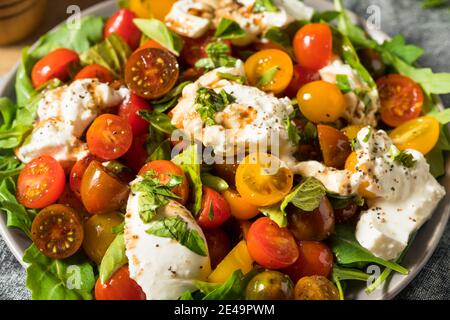 Hausgemachter gesunder Burrata Käse Tomatensalat mit Basilikum Stockfoto