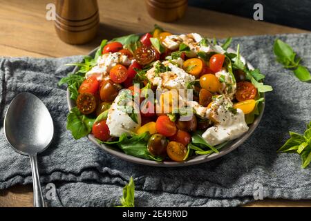 Hausgemachter gesunder Burrata Käse Tomatensalat mit Basilikum Stockfoto