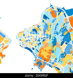 Farbkunstkarte von Florianopolis, Brasilien, Brasilien in Blau und Orangen. Die Farbabstufungen in der Florianopolis-Karte folgen einem zufälligen Muster. Stock Vektor