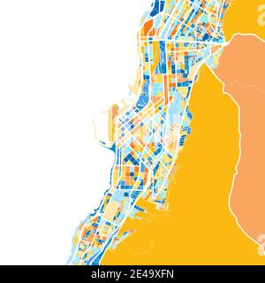 Farbkunstkarte von Antofagasta, Chile, Chile in Blau und Orangen. Die Farbabstufungen in der Antofagasta-Karte folgen einem zufälligen Muster. Stock Vektor