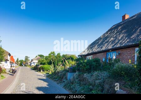 Mönchgut, reetgedecktes Dachhaus an der Boddenstraße im Dorf Gross Zicker, Ostsee, Rügeninsel, Mecklenburg-Vorpommern / Mecklenburg-Vorpommern, Deutschland Stockfoto