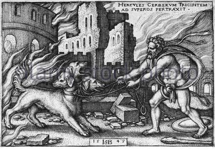 Antike römische Mythologie, Herkules und Cerberus, Vintage Illustration von 1545 Stockfoto