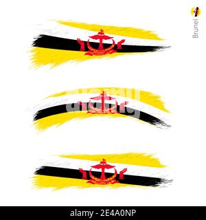 Set von 3 Grunge texturierte Flagge von Brunei, drei Versionen der Nationalflagge in Pinselstrichen gemalten Stil. Vektorflaggen. Stock Vektor