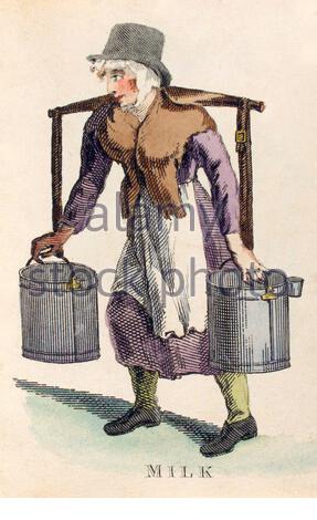 Milchmaid mit Milchkännern, Vintage-Illustration von 1820 Stockfoto
