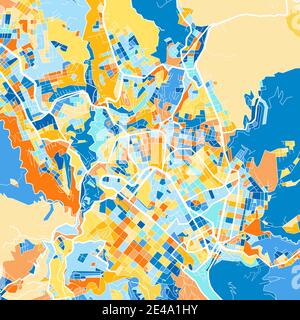 Farbkunstkarte von Sucre, Bolivien, Bolivien in Blau und Orangen. Die Farbabstufungen in Sucre Map folgen einem zufälligen Muster. Stock Vektor