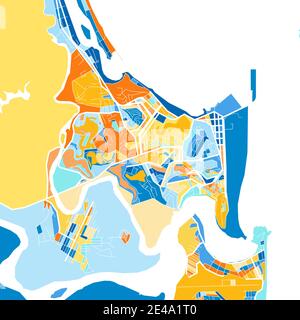 Farbkunstkarte von Ilheus, Brasilien, Brasilien in Blau und Orangen. Die Farbabstufungen in der Ilheus-Karte folgen einem zufälligen Muster. Stock Vektor