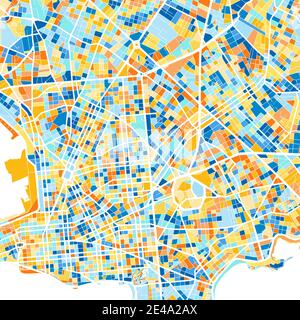 Farbkunstkarte von Montevideo, Uruguay, Uruguay in Blau und Orangen. Die Farbabstufungen auf der Montevideo-Karte folgen einem zufälligen Muster. Stock Vektor