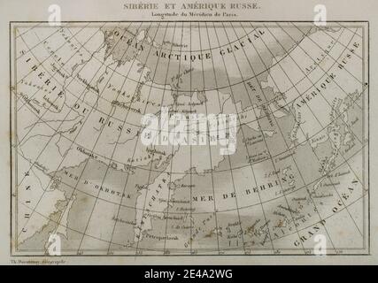 Sibirien und Russland Amerika. Karte von Thunot Duvotenay (1796-1875). Geschichte Russlands von Jean Marie Chopin (1796-1870). Panorama Universal, spanische Ausgabe, 1839. Stockfoto