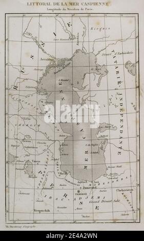 Kaspisches Meer. Karte des Geographen Thunot Duvotenay (1796-1875). Geschichte Russlands von Jean Marie Chopin (1796-1870). Panorama Universal, spanische Ausgabe, 1839. Stockfoto