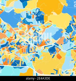 Farbkunstkarte von Queimados, Brasilien, Brasilien in Blau und Orangen. Die Farbabstufungen in der Queimados-Karte folgen einem zufälligen Muster. Stock Vektor