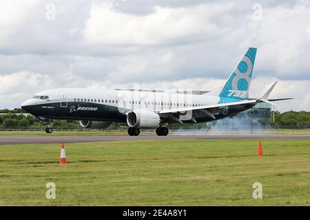 Boeing 737 MAX auf der Farnborough Air Show. Am 27. Januar 2021 wurde das Flugzeug für den erneuten Flug in Europa und Großbritannien freigegeben Stockfoto