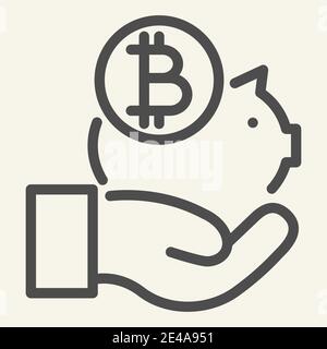 Hand halten Bitcoin Piggy Banklinie Symbol. Piggy mit Krypto-Münze Vektor-Illustration isoliert auf weiß. Kryptowährung Einsparungen skizzieren Stil Design Stock Vektor