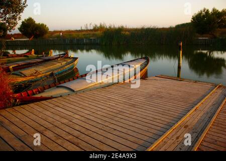 Pier des Hafens von Catarroja, wo in einem Kanal in der Albufera von Valencia, Spanien, lateen Segelboote festmachen Stockfoto